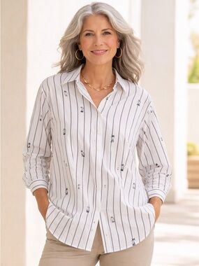 Chico’s Size 3 White Striped Button-Up Shirt w/ Cute Cat Print